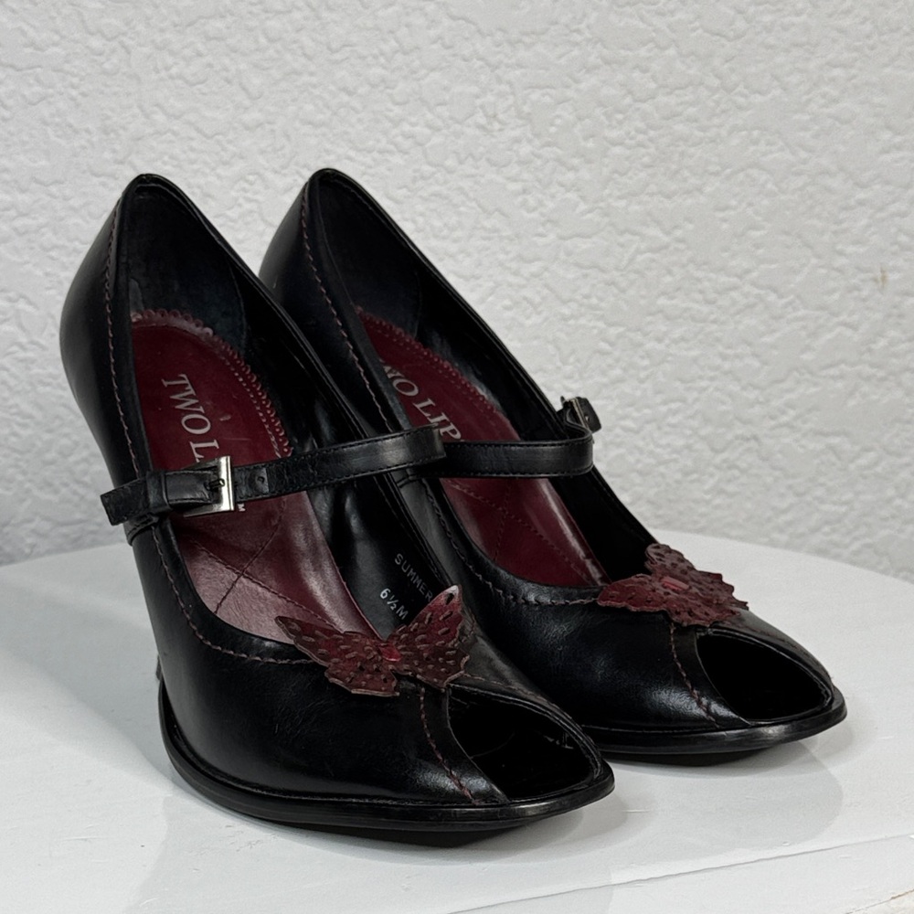 TWO LIPS SUMMER BLACK MARY JANE HEELS BUTTERFLY PEEP TOE VINTAGE Y2K SHOES - Picture 2 of 14